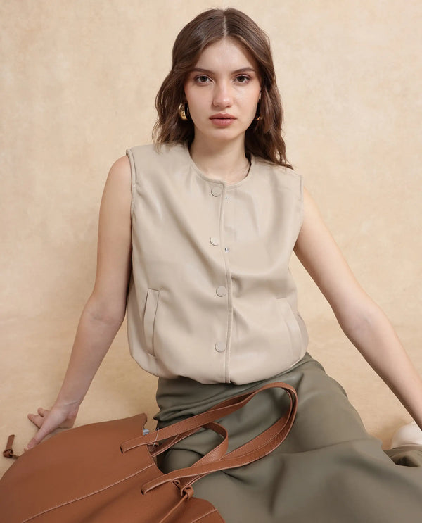 Rareism Women Bojur Light Brown Polyester Fabric Short Sleeve Plain Jacket