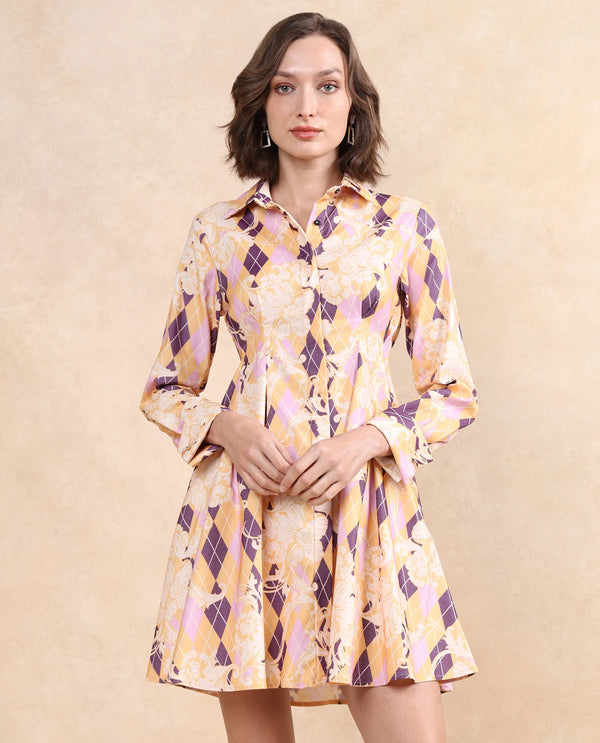 Rareism Women's Bolviana Light Multi  Drop Collar Button Closure Cuffed Sleeve Floral Print Flared Mini Dress