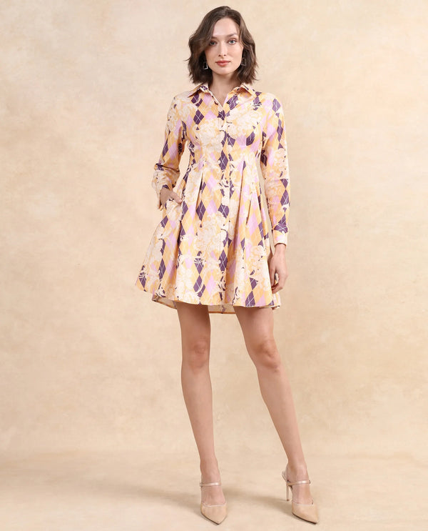 Rareism Women's Bolviana Light Multi  Drop Collar Button Closure Cuffed Sleeve Floral Print Flared Mini Dress