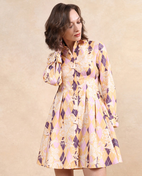 Rareism Women's Bolviana Light Multi  Drop Collar Button Closure Cuffed Sleeve Floral Print Flared Mini Dress
