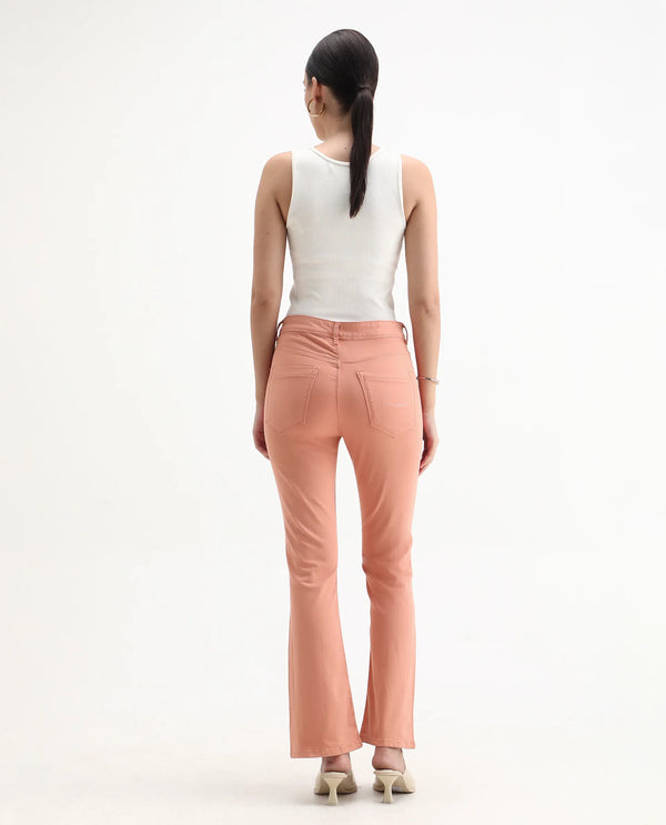 Rareism Women Booter Light Peach Cotton Lycra Fabric Mid Rise Solid Slim Fit Ankle Length Jeans