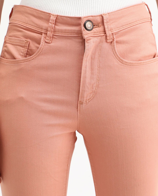 Rareism Women Booter Light Peach Cotton Lycra Fabric Mid Rise Solid Slim Fit Ankle Length Jeans