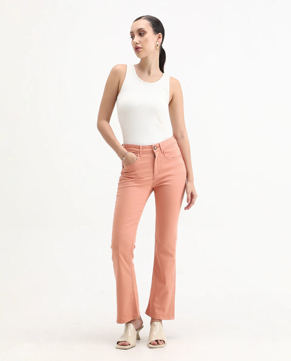 Rareism Women Booter Light Peach Cotton Lycra Fabric Mid Rise Solid Slim Fit Ankle Length Jeans
