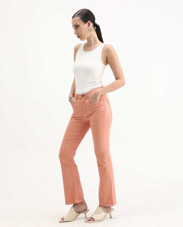 Rareism Women Booter Light Peach Cotton Lycra Fabric Mid Rise Solid Slim Fit Ankle Length Jeans