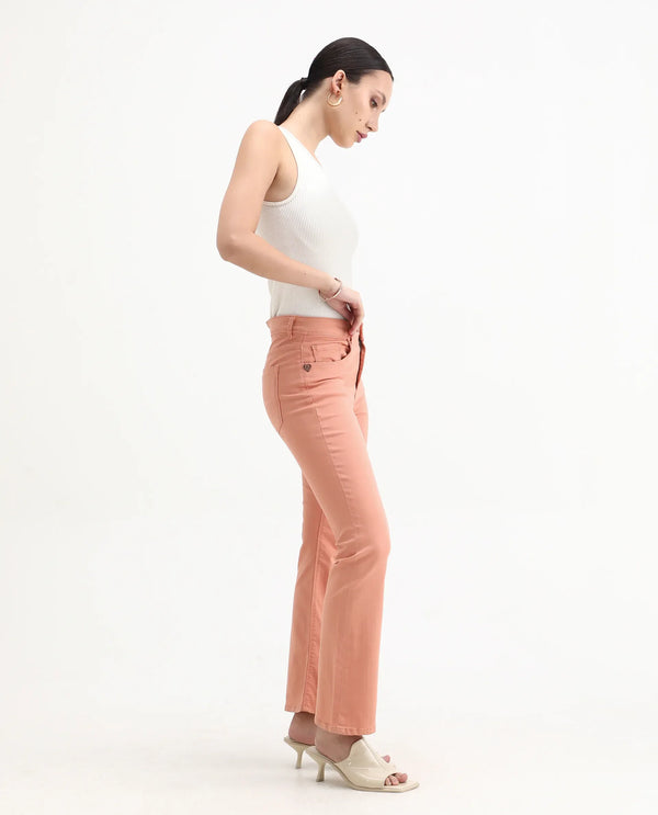 Rareism Women Booter Light Peach Cotton Lycra Fabric Mid Rise Solid Slim Fit Ankle Length Jeans