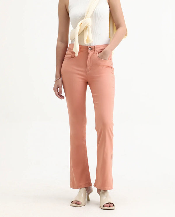 Rareism Women Booter Light Peach Cotton Lycra Fabric Mid Rise Solid Slim Fit Ankle Length Jeans