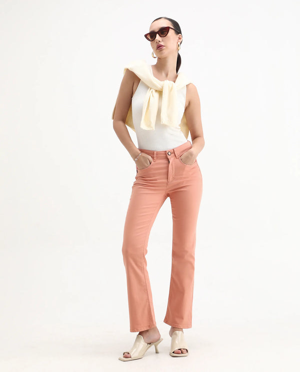 Rareism Women Booter Light Peach Cotton Lycra Fabric Mid Rise Solid Slim Fit Ankle Length Jeans