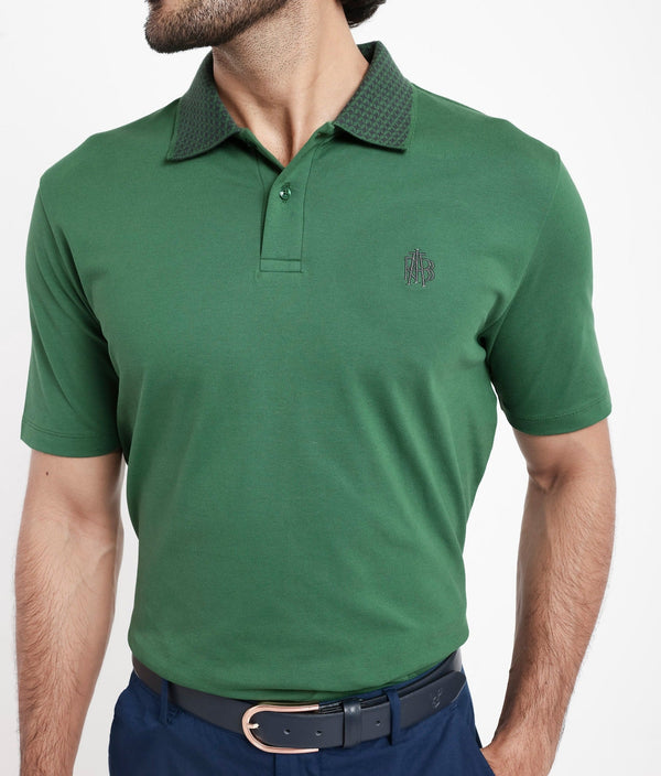 Rare Rabbit Men's Booth Green Short Sleeve Textured Collar Embroidered Logo Plain Polo T-Shirt