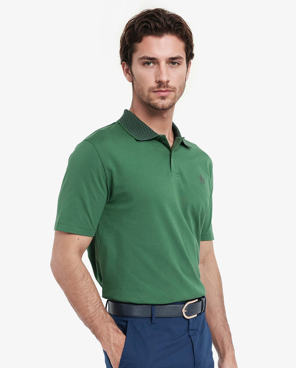 Rare Rabbit Men's Booth Green Short Sleeve Textured Collar Embroidered Logo Plain Polo T-Shirt