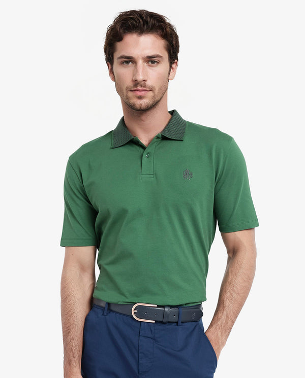 Rare Rabbit Men's Booth Green Short Sleeve Textured Collar Embroidered Logo Plain Polo T-Shirt