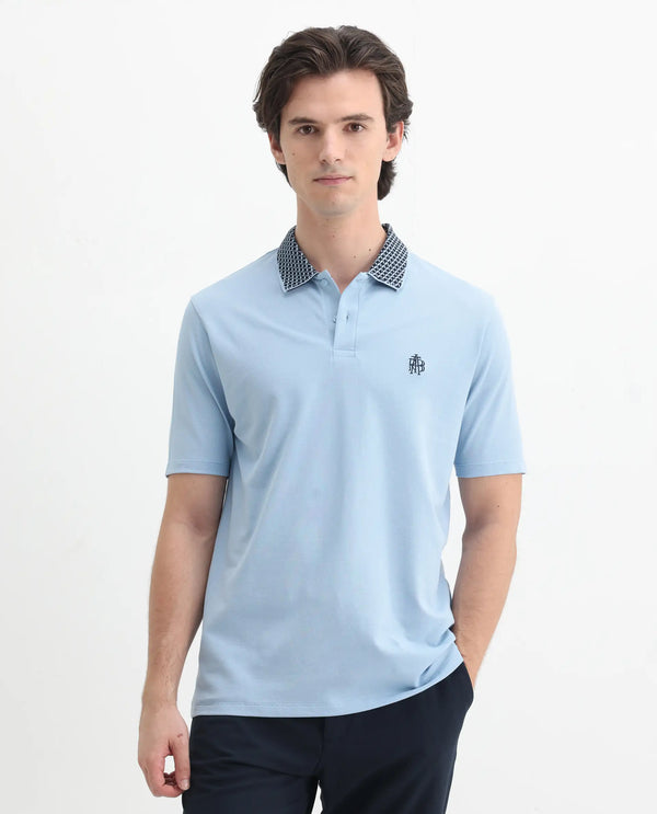 Rare Rabbit Men's Booth Light Blue Short Sleeve Textured Collar Embroidered Logo Plain Polo T-Shirt