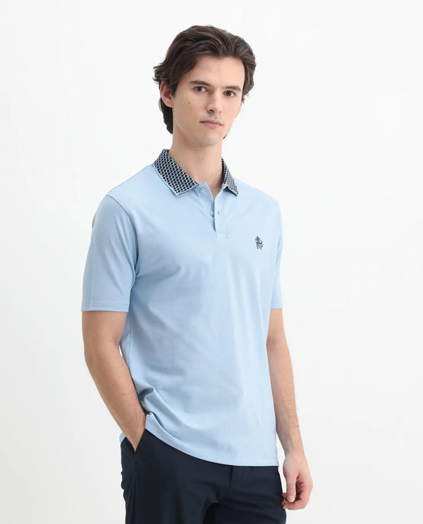 Rare Rabbit Men's Booth Light Blue Short Sleeve Textured Collar Embroidered Logo Plain Polo T-Shirt