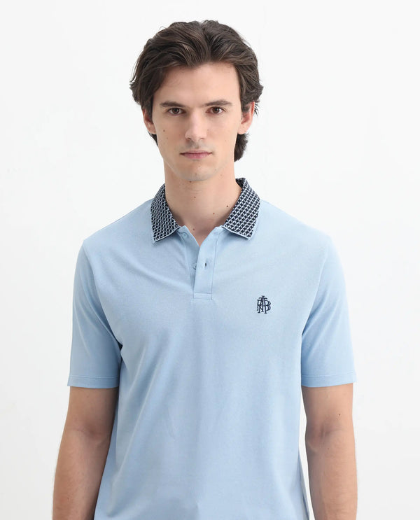 Rare Rabbit Men's Booth Light Blue Short Sleeve Textured Collar Embroidered Logo Plain Polo T-Shirt