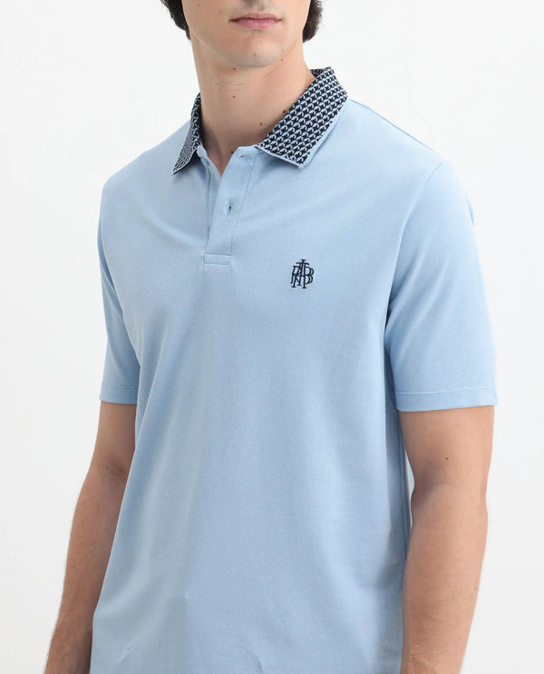Rare Rabbit Men's Booth Light Blue Short Sleeve Textured Collar Embroidered Logo Plain Polo T-Shirt