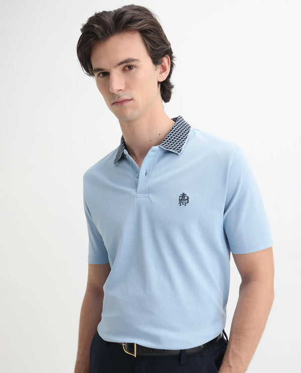 Rare Rabbit Men's Booth Light Blue Short Sleeve Textured Collar Embroidered Logo Plain Polo T-Shirt