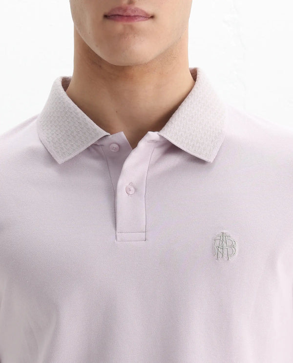 Rare Rabbit Men's Booth Light Purple Short Sleeve Textured Collar Embroidered Logo Plain Polo T-Shirt