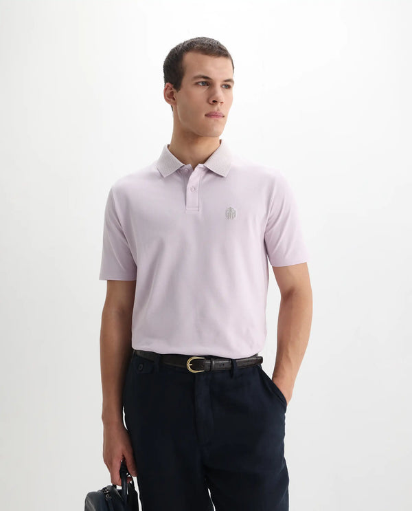 Rare Rabbit Men's Booth Light Purple Short Sleeve Textured Collar Embroidered Logo Plain Polo T-Shirt