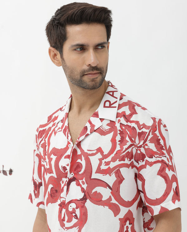 Rare Rabbit Mens Bordin Red Viscose Fabric Half Sleeves Cuban Collar Boxy Fit Abstract Print Shirt