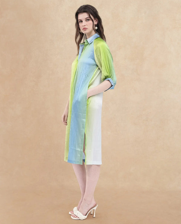 Rareism Women Boris Multi Polyester Fabric Cap Sleeve Collared Neck Ombre Longline Dress