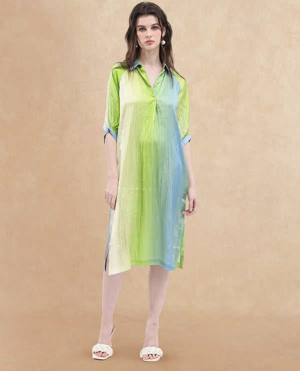 Rareism Women Boris Multi Polyester Fabric Cap Sleeve Collared Neck Ombre Longline Dress