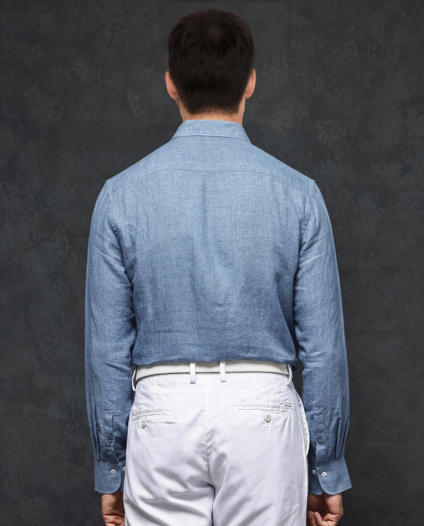 Rare Rabbit Mens Borium-2 Dusky Blue Full Sleeve Melange Linen Fabric Solid Shirt