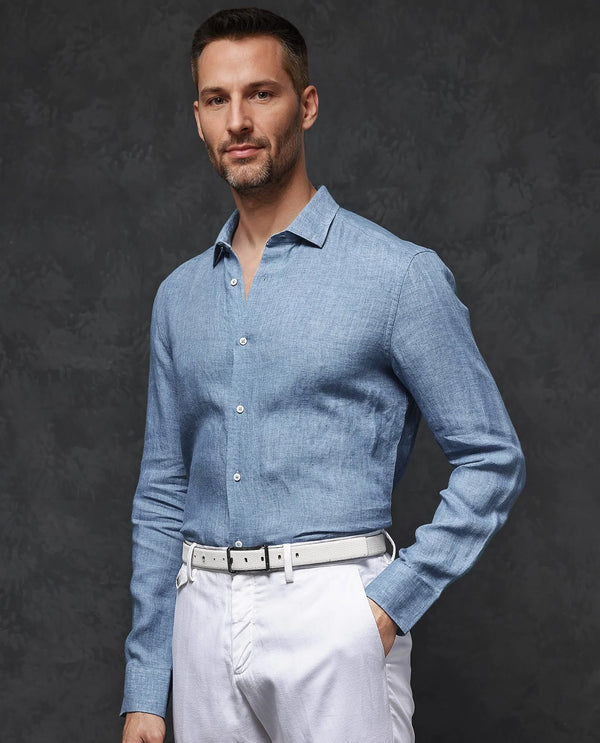 Rare Rabbit Mens Borium-2 Dusky Blue Full Sleeve Melange Linen Fabric Solid Shirt