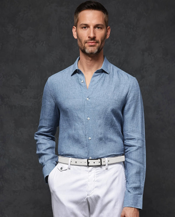Rare Rabbit Mens Borium-2 Dusky Blue Full Sleeve Melange Linen Fabric Solid Shirt