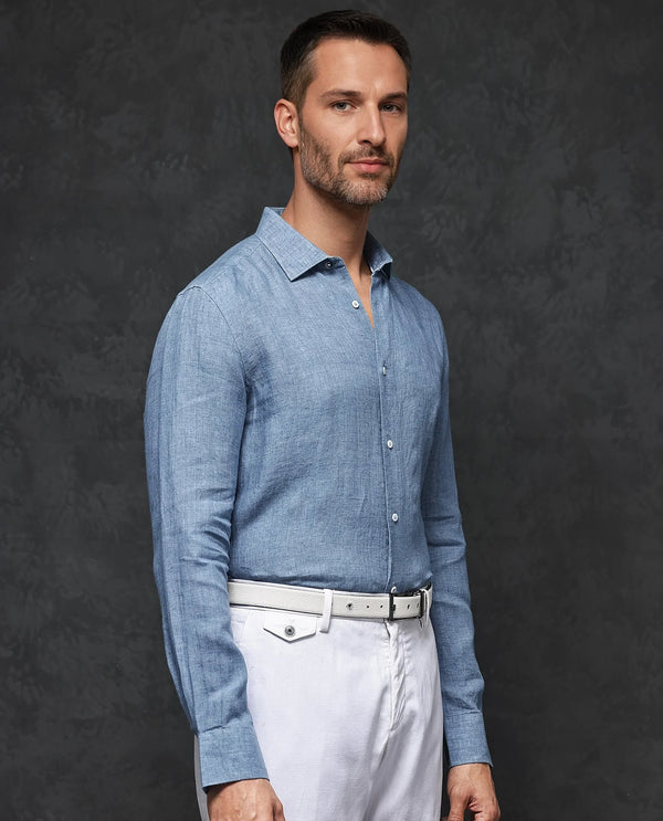 Rare Rabbit Mens Borium-2 Dusky Blue Full Sleeve Melange Linen Fabric Solid Shirt