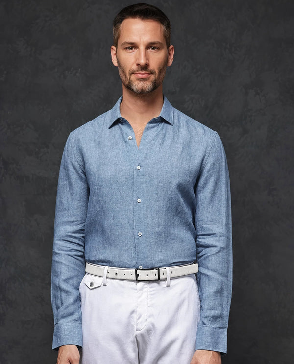 Rare Rabbit Mens Borium-2 Dusky Blue Full Sleeve Melange Linen Fabric Solid Shirt