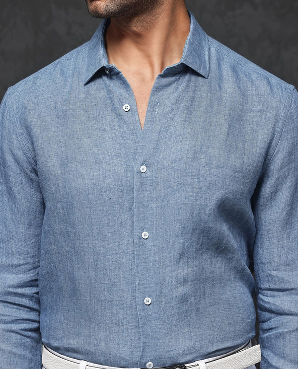 Rare Rabbit Mens Borium-2 Dusky Blue Full Sleeve Melange Linen Fabric Solid Shirt