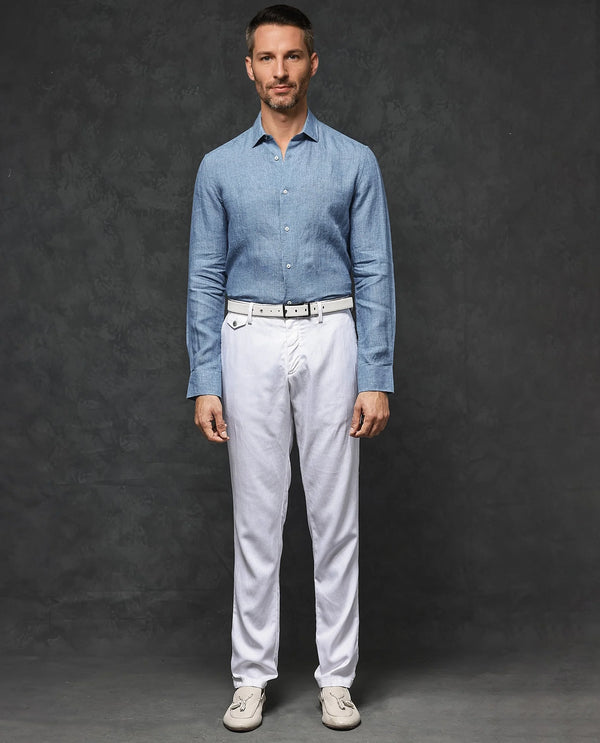 Rare Rabbit Mens Borium-2 Dusky Blue Full Sleeve Melange Linen Fabric Solid Shirt