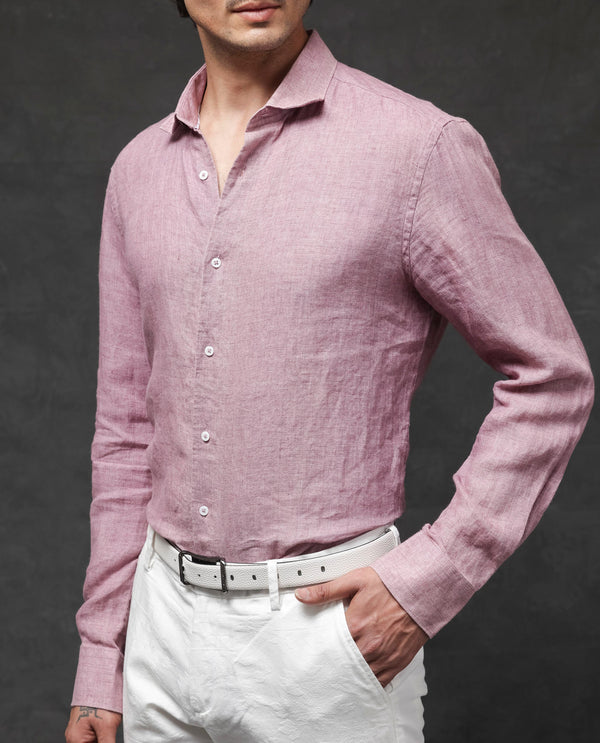 Rare Rabbit Mens Borium-2 Dusky Pink Full Sleeve Melange Linen Fabric Solid Shirt