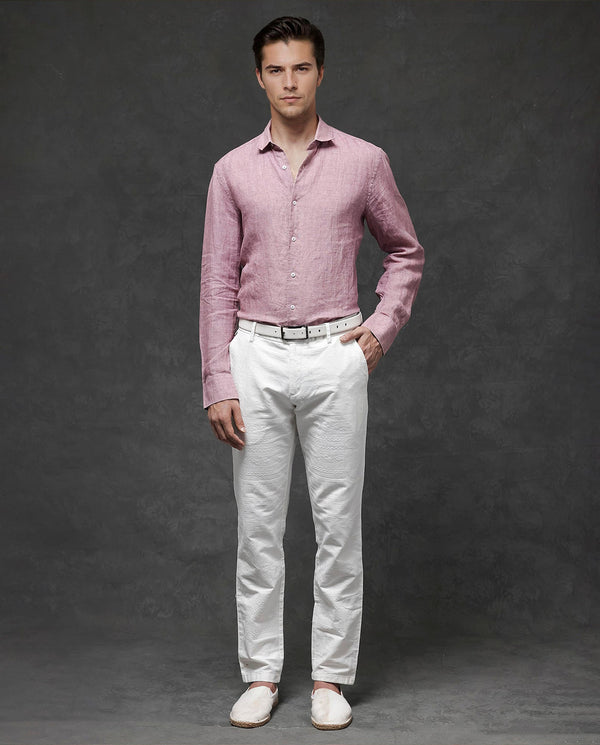 Rare Rabbit Mens Borium-2 Dusky Pink Full Sleeve Melange Linen Fabric Solid Shirt
