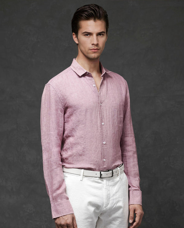 Rare Rabbit Mens Borium-2 Dusky Pink Full Sleeve Melange Linen Fabric Solid Shirt