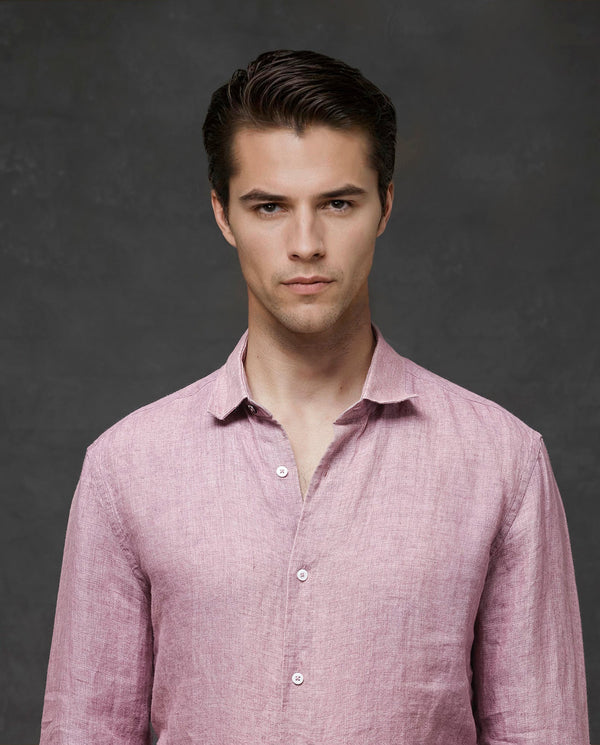 Rare Rabbit Mens Borium-2 Dusky Pink Full Sleeve Melange Linen Fabric Solid Shirt