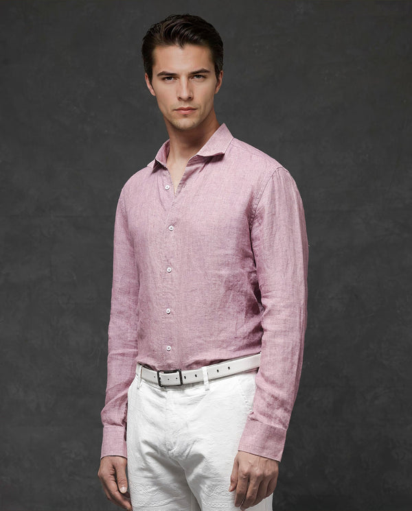 Rare Rabbit Mens Borium-2 Dusky Pink Full Sleeve Melange Linen Fabric Solid Shirt