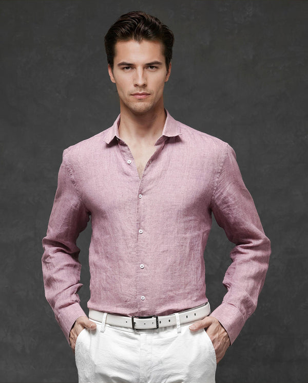 Rare Rabbit Mens Borium-2 Dusky Pink Full Sleeve Melange Linen Fabric Solid Shirt