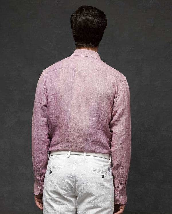 Rare Rabbit Mens Borium-2 Dusky Pink Full Sleeve Melange Linen Fabric Solid Shirt