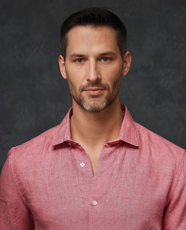 Rare Rabbit Mens Borium-2 Fluorescent Pink Full Sleeve Melange Linen Fabric Solid Shirt