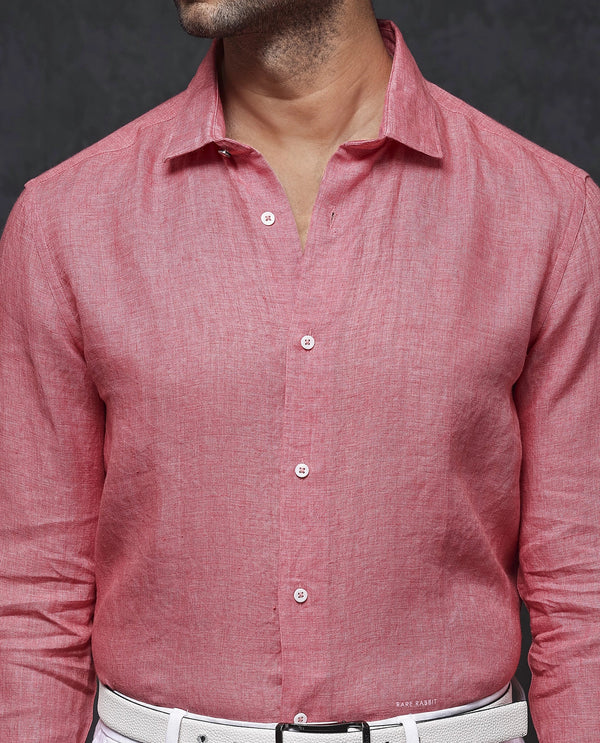 Rare Rabbit Mens Borium-2 Fluorescent Pink Full Sleeve Melange Linen Fabric Solid Shirt
