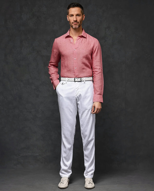 Rare Rabbit Mens Borium-2 Fluorescent Pink Full Sleeve Melange Linen Fabric Solid Shirt