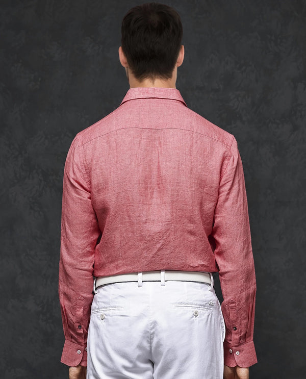 Rare Rabbit Mens Borium-2 Fluorescent Pink Full Sleeve Melange Linen Fabric Solid Shirt