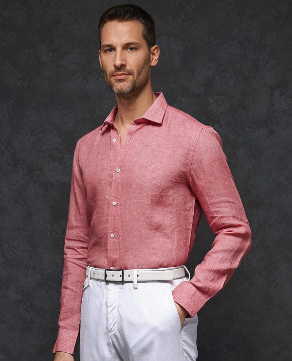 Rare Rabbit Mens Borium-2 Fluorescent Pink Full Sleeve Melange Linen Fabric Solid Shirt