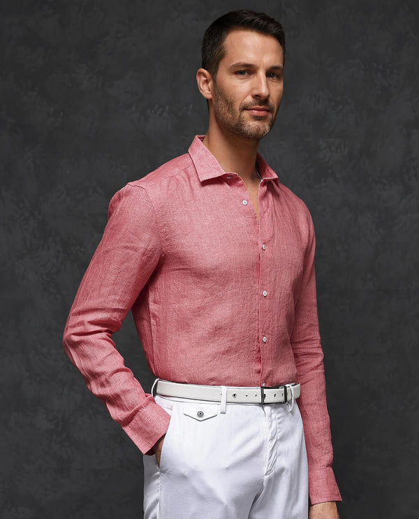 Rare Rabbit Mens Borium-2 Fluorescent Pink Full Sleeve Melange Linen Fabric Solid Shirt