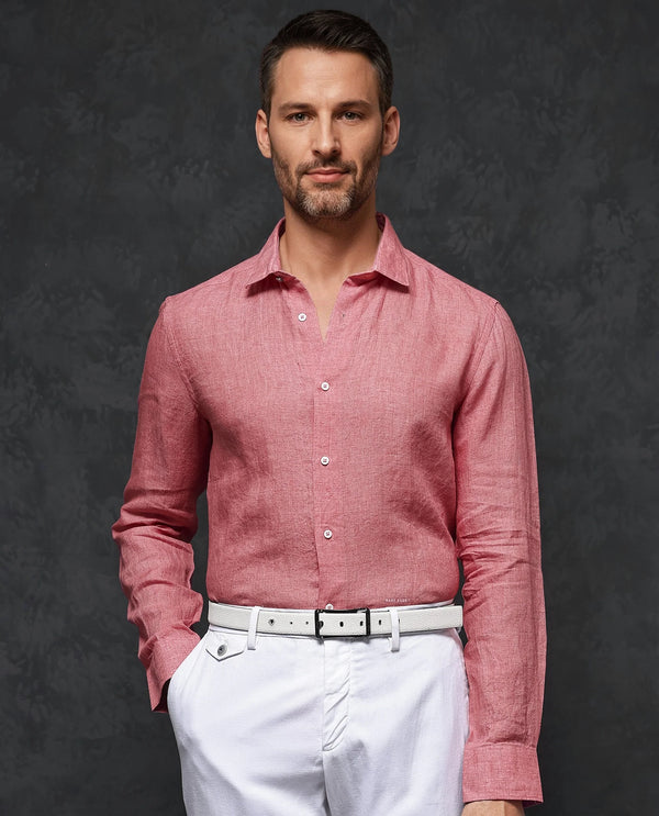 Rare Rabbit Mens Borium-2 Fluorescent Pink Full Sleeve Melange Linen Fabric Solid Shirt