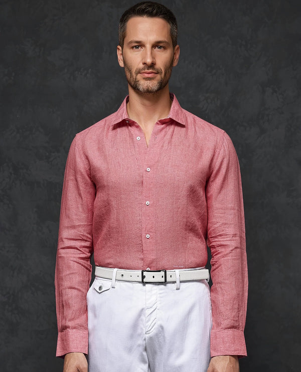 Rare Rabbit Mens Borium-2 Fluorescent Pink Full Sleeve Melange Linen Fabric Solid Shirt