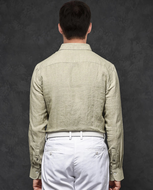 Rare Rabbit Mens Borium-2 Pastel Green Full Sleeve Melange Linen Fabric Solid Shirt