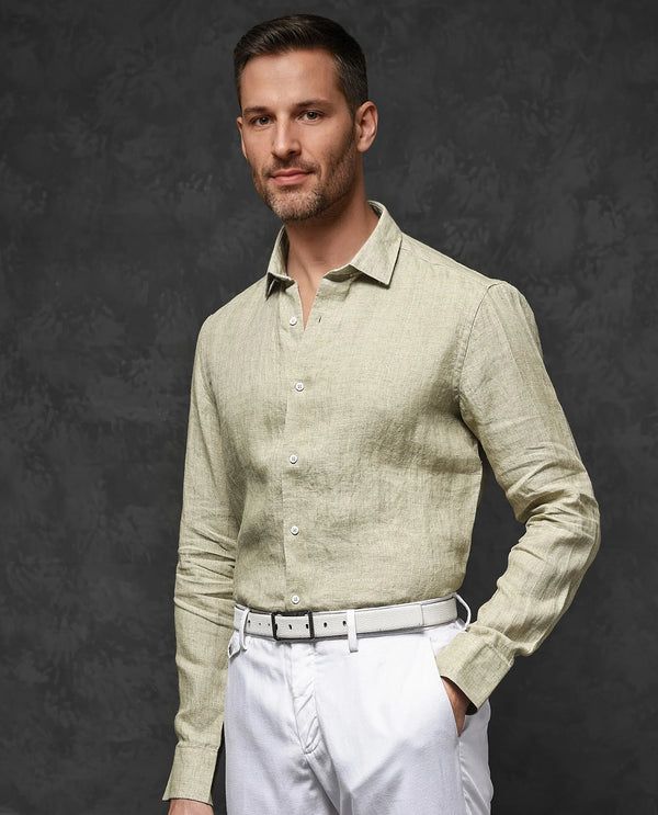 Rare Rabbit Mens Borium-2 Pastel Green Full Sleeve Melange Linen Fabric Solid Shirt