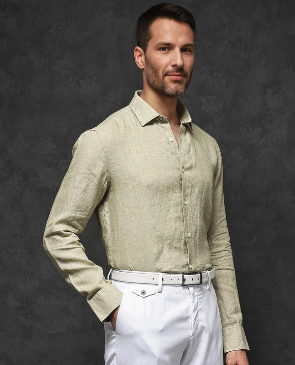 Rare Rabbit Mens Borium-2 Pastel Green Full Sleeve Melange Linen Fabric Solid Shirt