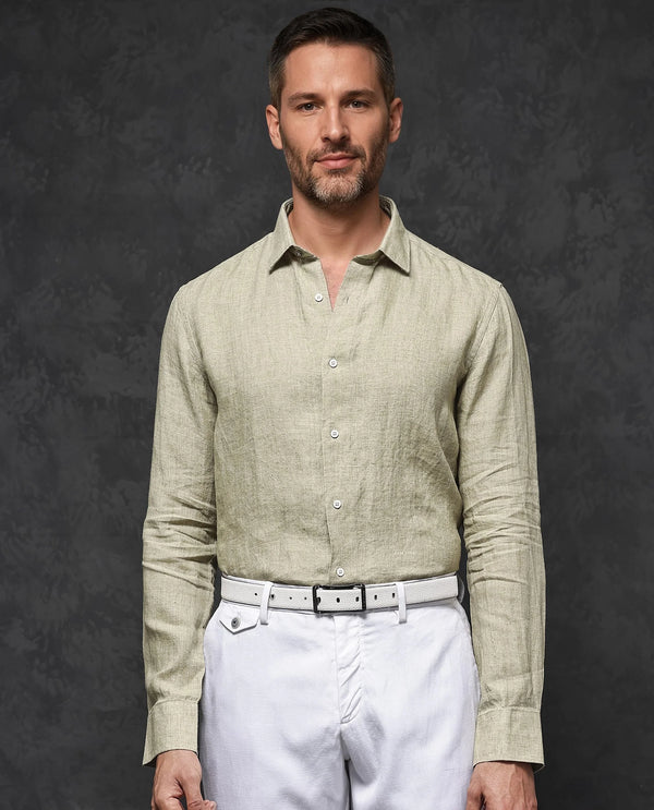 Rare Rabbit Mens Borium-2 Pastel Green Full Sleeve Melange Linen Fabric Solid Shirt